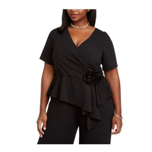 ADRIANNA PAPELL Womens Black Gathered Short Sleeve Surplice Neckline Cocktail Wi - Picture 2 of 16